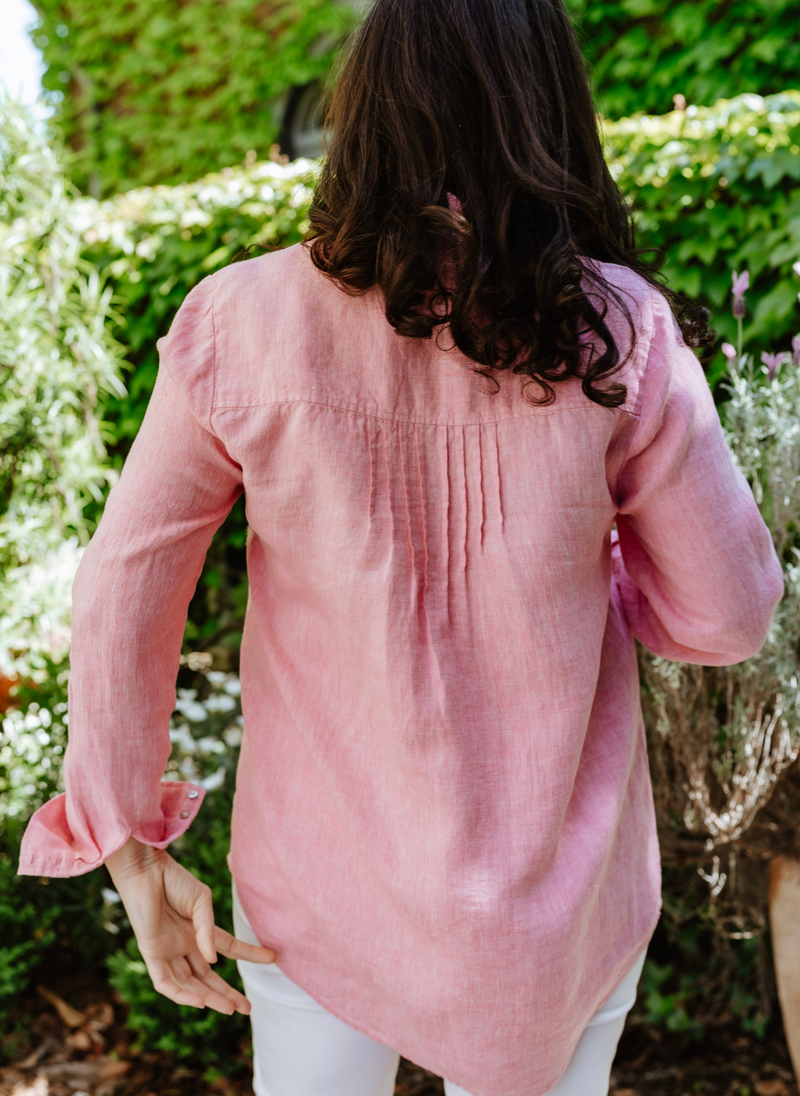 Arabella French Linen Pintuck Shirt- Brilliant Pink