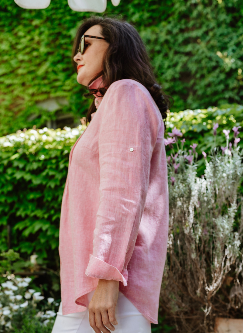 Arabella French Linen Pintuck Shirt- Brilliant Pink
