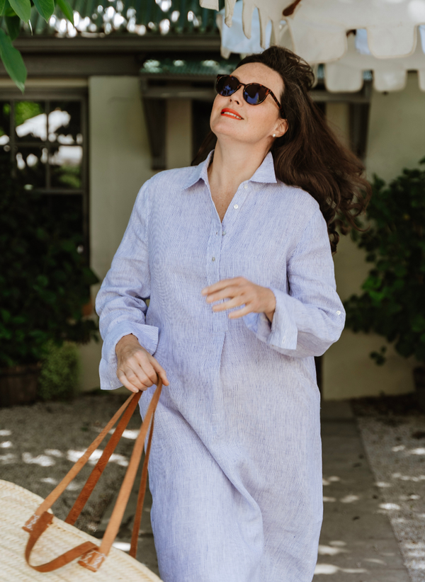 Noosa French Linen Tunic- Blue Stripe