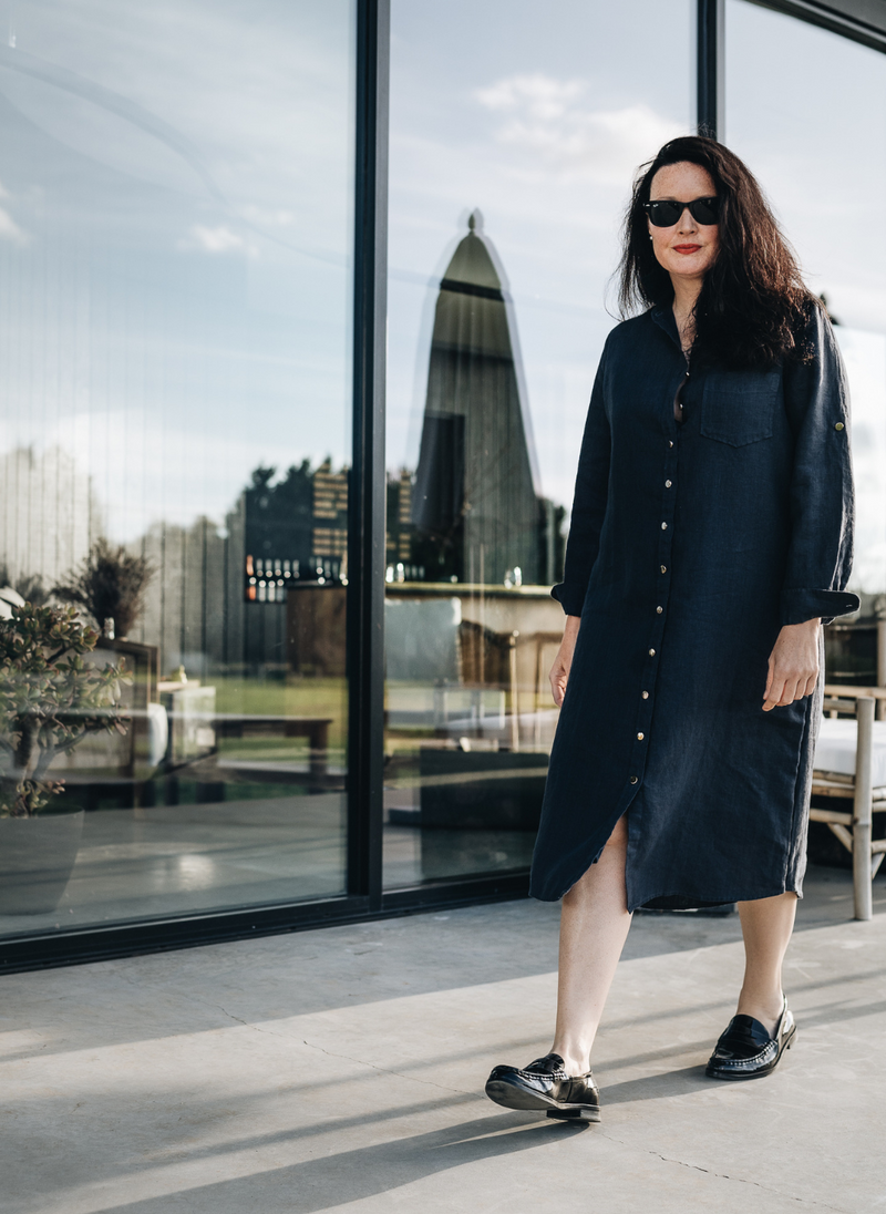 PENNY SHIRTDRESS WITH GOLD BUTTONS- NAVY FRENCH LINEN