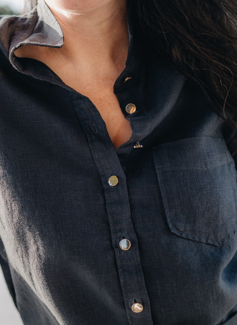 PENNY SHIRTDRESS WITH GOLD BUTTONS- NAVY FRENCH LINEN