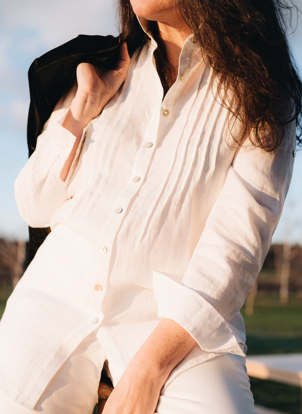 ARABELLA PINTUCK SHIRT WITH OYSTER BUTTONS- WHITE FRENCH LINEN