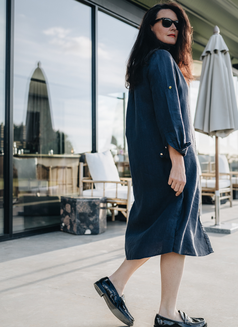 PENNY SHIRTDRESS WITH GOLD BUTTONS- NAVY FRENCH LINEN
