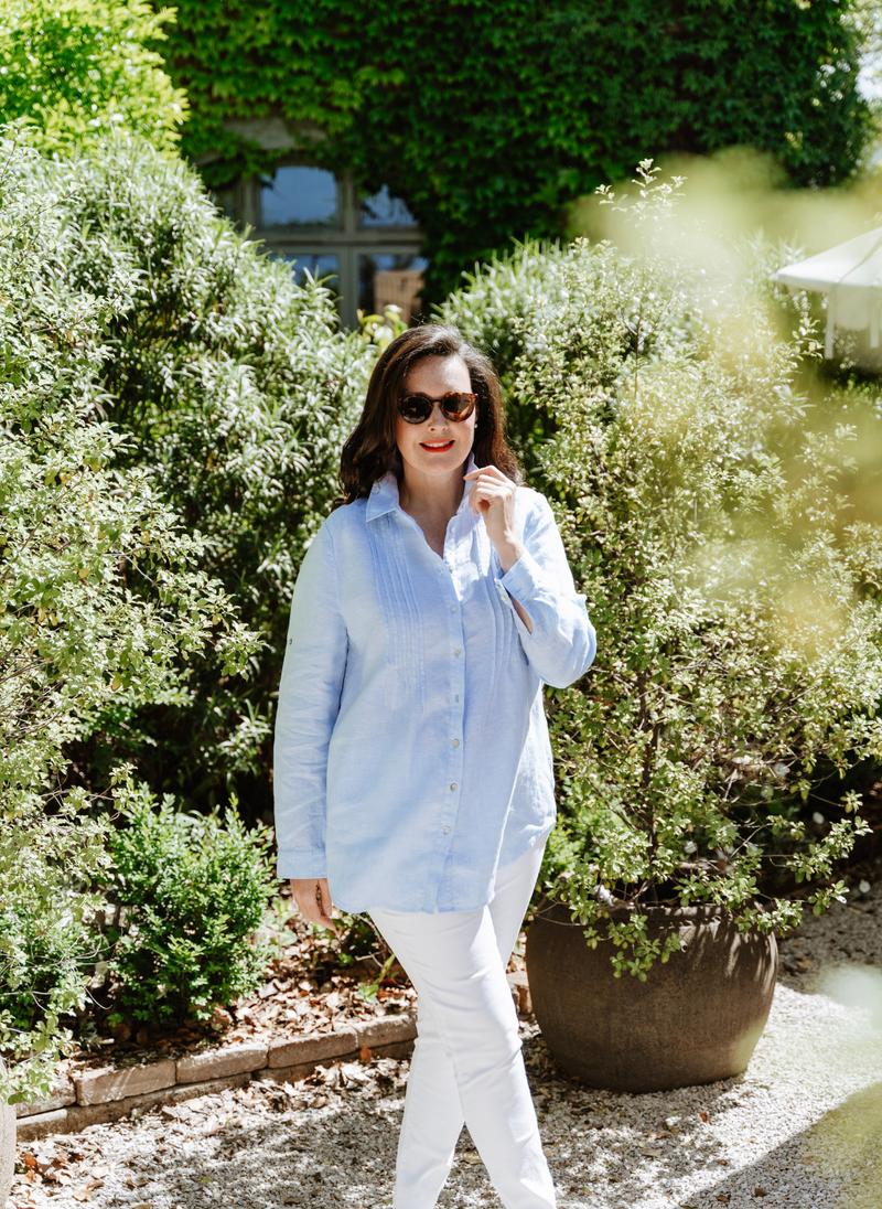 Arabella French Linen Pintuck Shirt- Amalfi Blue