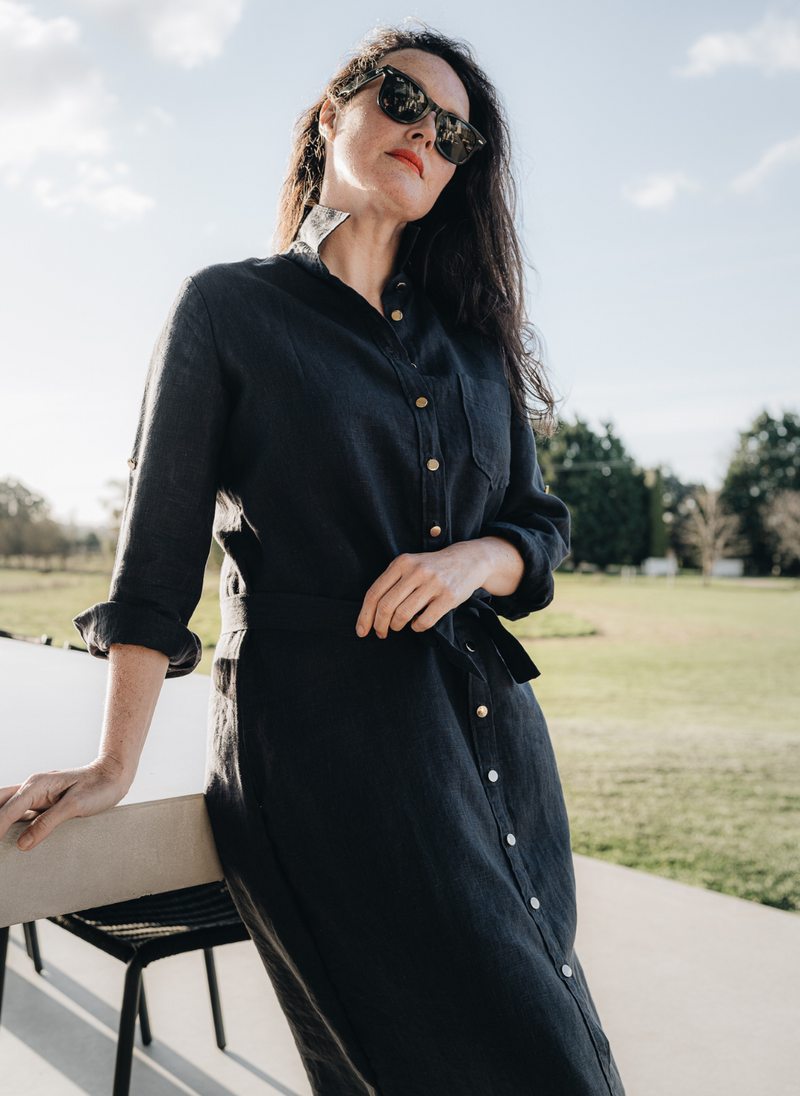 PENNY SHIRTDRESS WITH GOLD BUTTONS- NAVY FRENCH LINEN