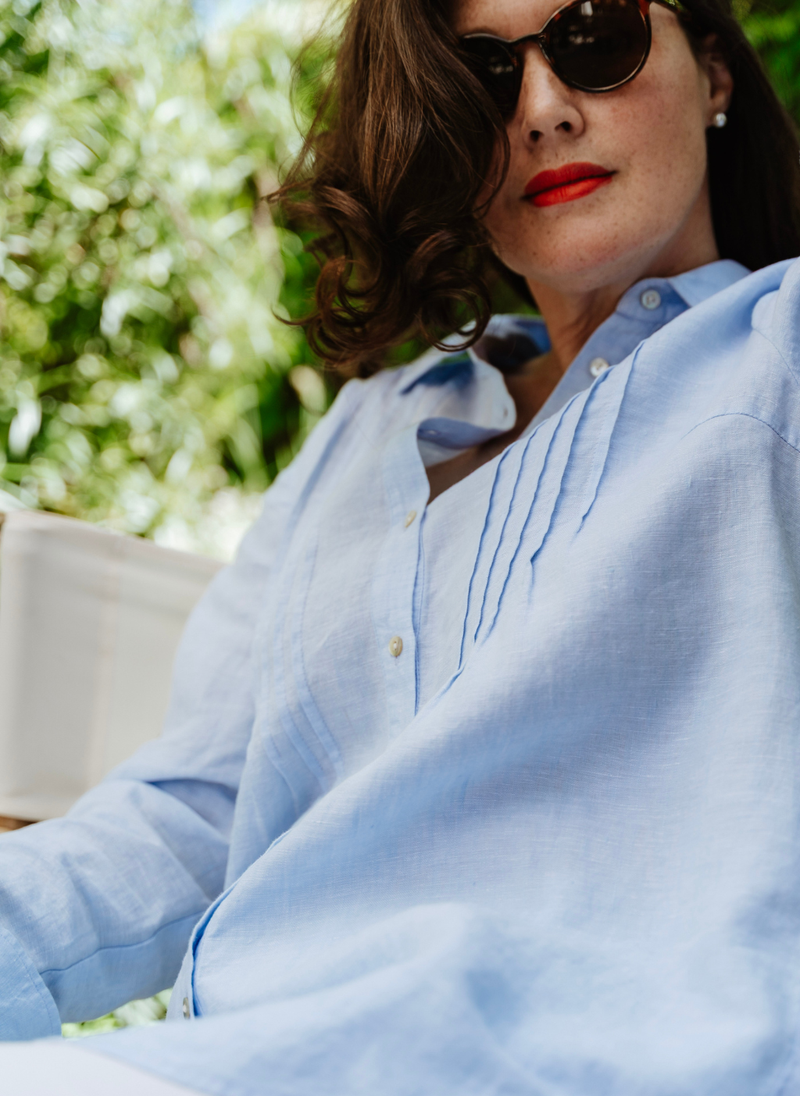Arabella French Linen Pintuck Shirt- Amalfi Blue