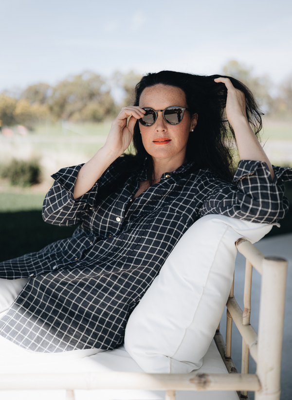 ARABELLA PINTUCK SHIRT WITH GOLD BUTTONS- NAVY CHECK FRENCH LINEN