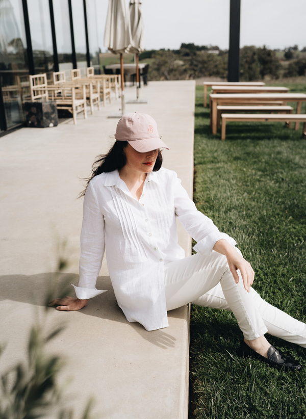 ARABELLA PINTUCK SHIRT WITH OYSTER BUTTONS- WHITE FRENCH LINEN