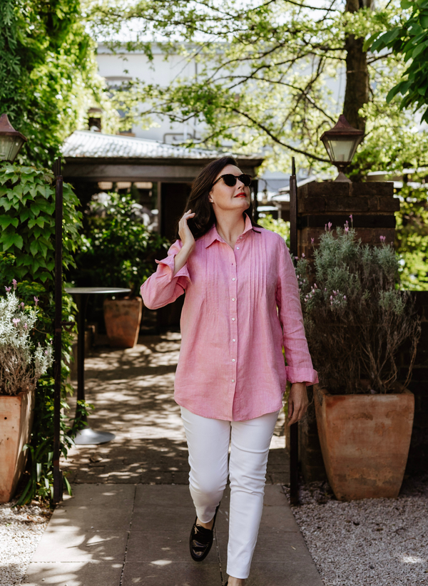 Arabella French Linen Pintuck Shirt- Brilliant Pink