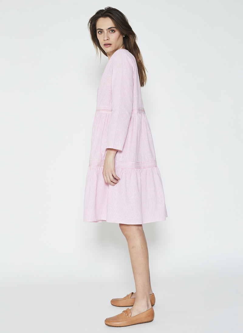 CHARLOTTE LAYERED PINTUCK DRESS - PINK STRIPE