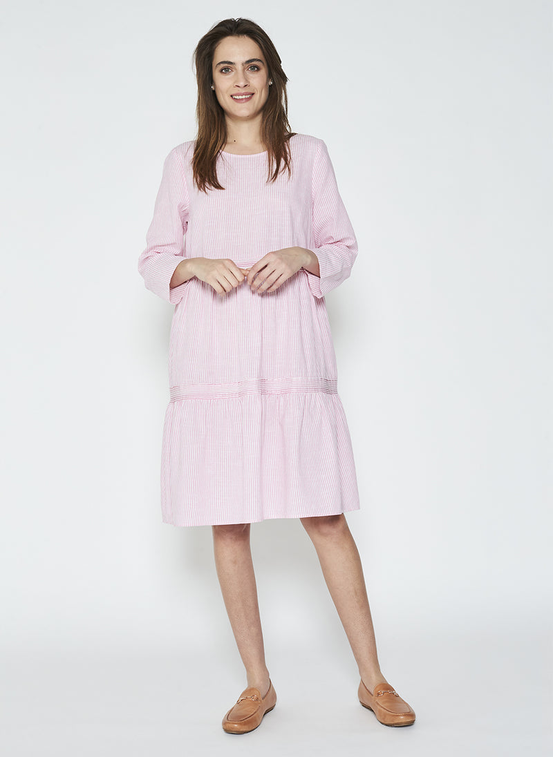 CHARLOTTE LAYERED PINTUCK DRESS - PINK STRIPE